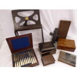 Mahogany cased fish knives, walnut box, book-rest, chinoisserie box etc.