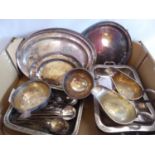 Silver plated trays, tureen, gravy boats, cutlery etc.