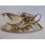 Pair stylish deco style silver plated sauce boats on tray - stamped CWFs EPNS 4506