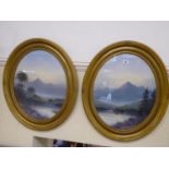 Pair of 19th/20thC watercolour highland landscapes in oval gilt plaster frames