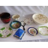 West German jardiniere, Victorian wash bowl, cheese dish, plates, stuart glass decanter etc.