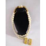 Pair vintage gilt Givenchy clip-on earrings together with a deco style double string pearl necklace