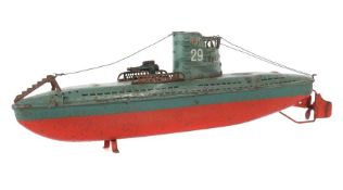 U-Boot Arnold, wohl Modell 2005(34), ca. 1940er Jahre, Blech, Uhrwerkantrieb, Unterschiff in Rot,