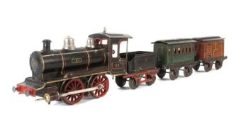 Dampflok m. Tender, 2 Wagen Märklin, Spur I, Modell-Nr. 1021 B, BZ 1903-1905, Uhrwerkantrieb,