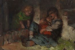 Hermann Kaulbach, "Schlafende Kinder", Darstellung von zwei Kindern, angelehnt an eine Treppe,