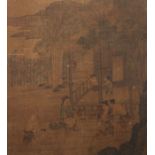 Malerei China, wohl 19. Jh., Tusche/Farbe auf Seide, Bauernfamilie vor Küstenlandschaft, polychr.,