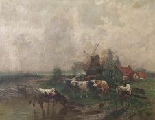 Plock, Karl Friedrich 1861 - 1924, "Niederrheinlandschaft mit Viehherde an einer Tränke", im