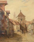 Kopp-Gö, M. (?) Maler des 20. Jh.. "Obere Tor in Rottweil", Stadtansicht mit Figurenstaffage, oben