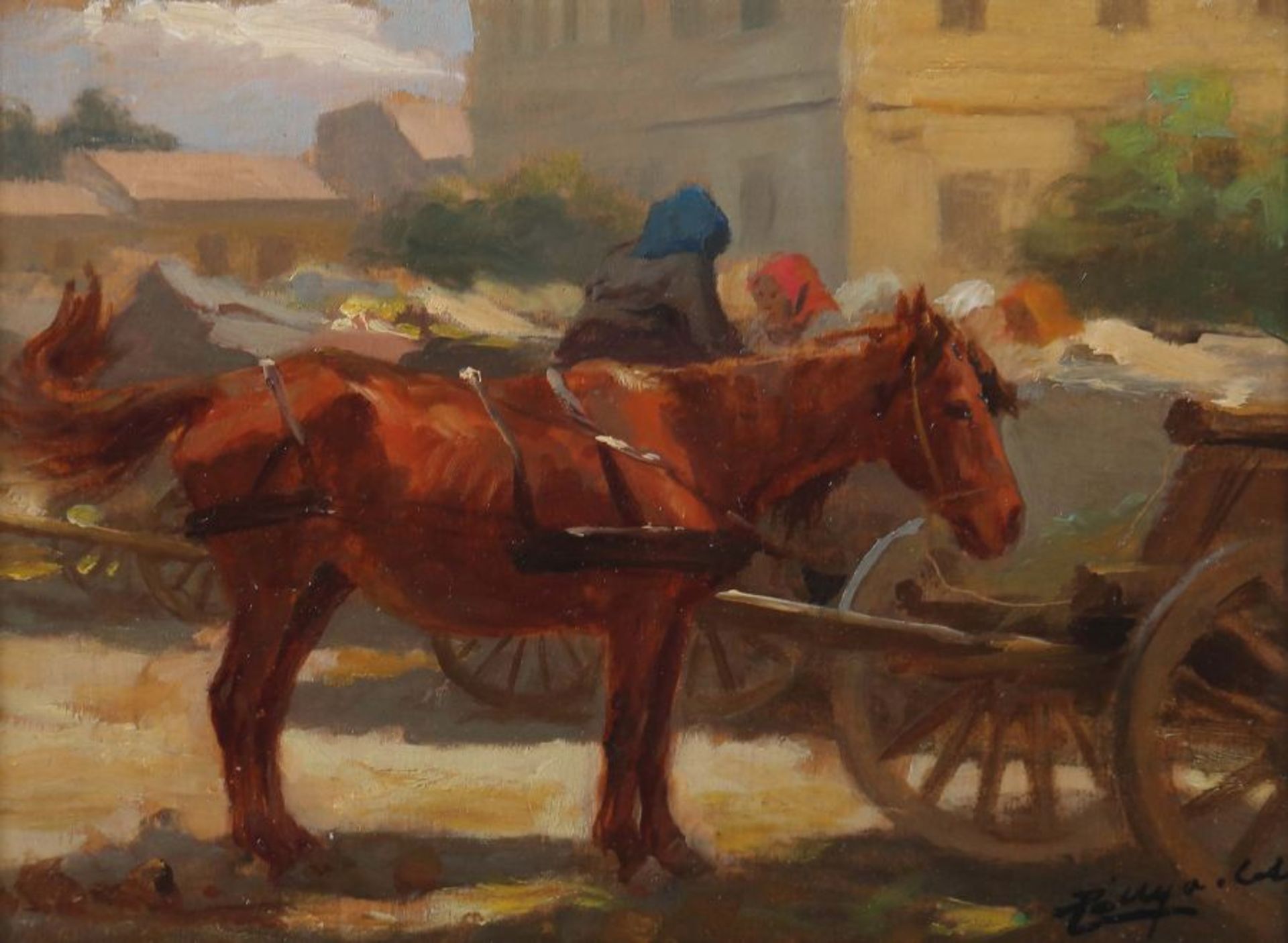 Ungarischer Maler des 20. Jh. "Paar Marktszenen", mit Pferdekarren und Händlerinnen vor - Bild 2 aus 4