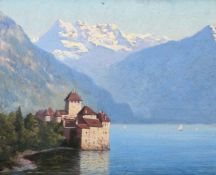 Landschaftsmaler des 19./20. Jh. "Schloss Chillon und Villeneuve", Blick auf die Festung am Genfer