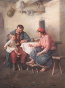 Genremaler des 19. Jh. "Beisammensein am Tisch", einfaches Stubeninterieur mit Familie um einen