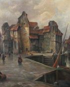 Hüttner, Bruno Maler des beginnenden 20. Jh.. "Holländische Hafenszene", auf dem bebauten Ufer