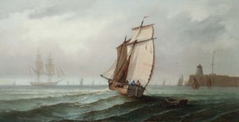 Maler des 19. Jh. "Segler vor Küste mit Festung", auf bewegtem Meer unter bewölktem Himmel
