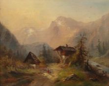 Landschaftsmaler des 19. Jh. "Grindelwald", Blick auf einen Waldweg mit Figurenstaffage und zwei