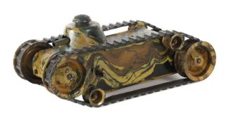 Ketten-Panzer wohl Märklin, ca. 1935, Blech, Schlieren-Mimikry, Uhrwerkantrieb, Stopphebel, 2