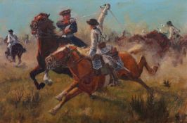 Schlachtenmaler des 20. Jh. "Kampfszene", Blick auf das Schlachtfeld mit kämpfenden Reitern, unten