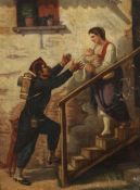 Maler des 19. Jh. "Heimkehr", Soldat nach dem Krieg die Frau mit dem Kind auf der Eingangstreppe