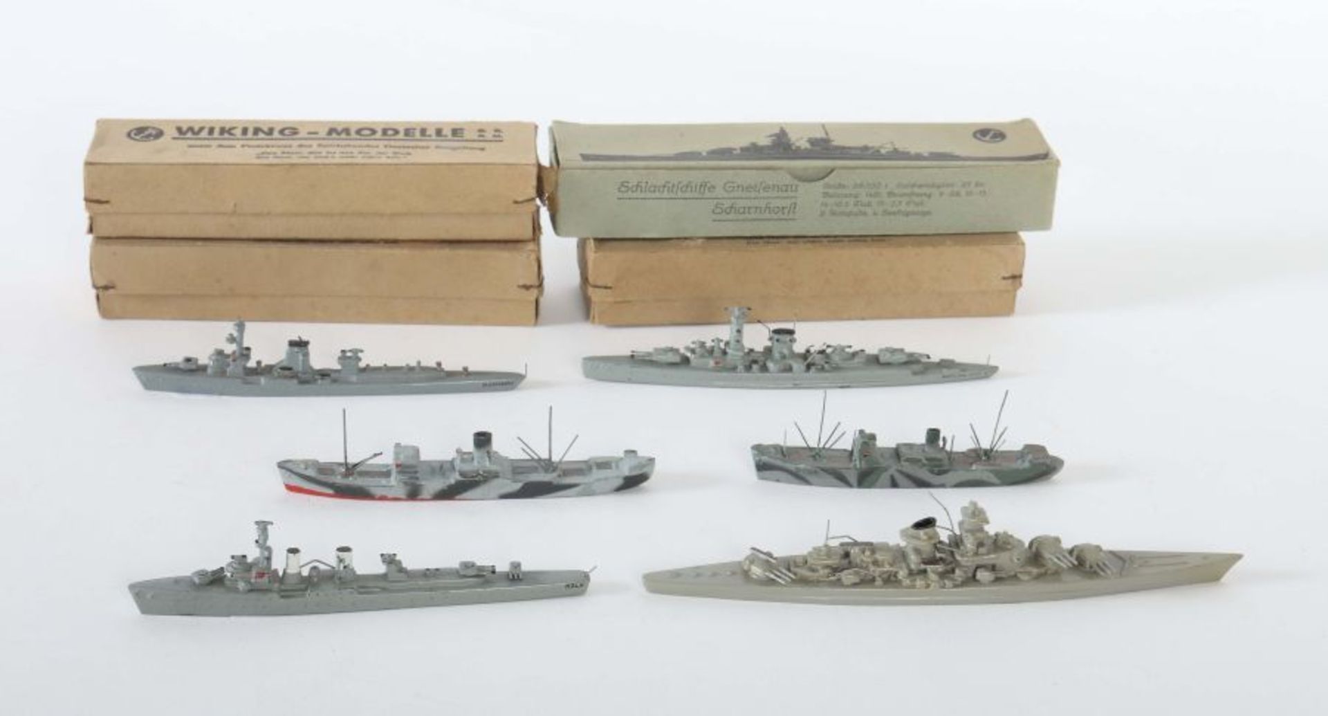 6 Kriegsschiffe Wiking, Metallguss, militärgrau bemalt, BZ: ca. 1937-1955/60, meist DRGM, 1x - Bild 2 aus 2