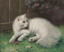 Tiermaler des 20. Jh. "Weiße Katze" in einem Garten liegend, in der Art von Arthur Hayer, oben