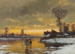 Landschaftsmaler des 19./20. Jh. "Winteridylle", holländische Landschaft mit Blick auf gefrorenem