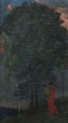 Maler des 19. Jh. "Lyra spielende Dame", antikisierende Darstellung in der nächtlichen Natur, nicht
