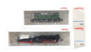2 Lokomotiven Märklin, Spur H0, ca. 1990er Jahre, 1 x Dampflok m. Tender 3411, BR 18.128, m.