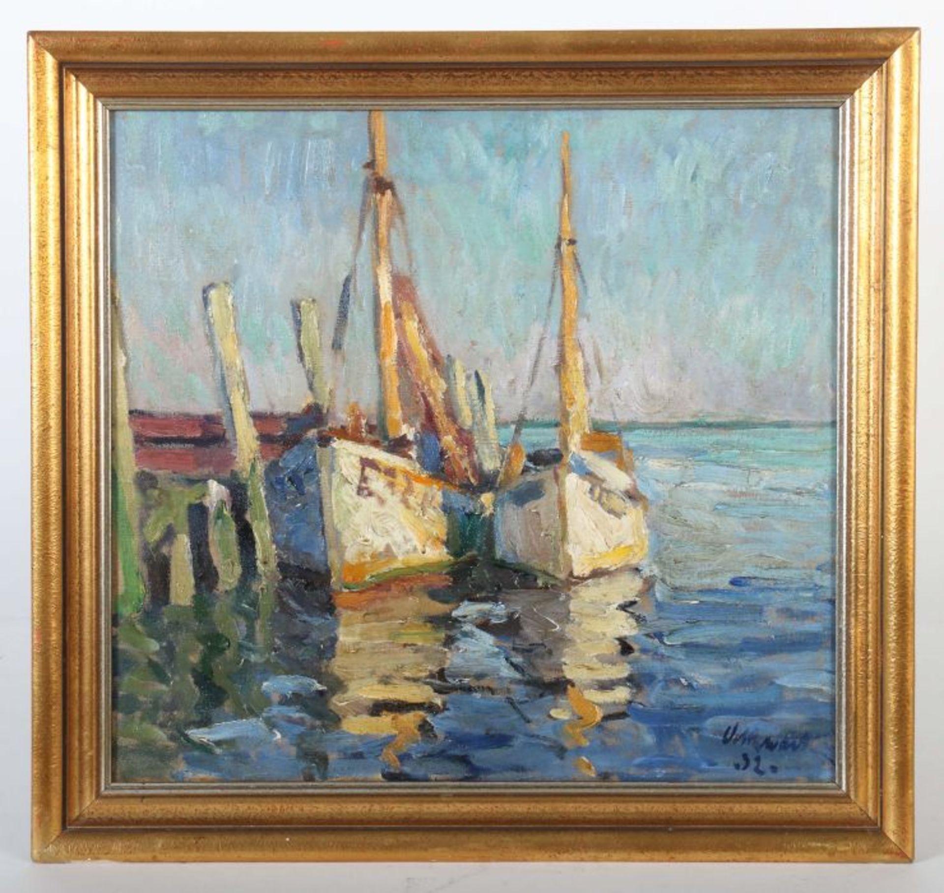 Volkwarth, Hugo Altona 1888 - 1946 Thüringen, deutscher Maler. "Fischerboote", stilisierte - Bild 2 aus 4