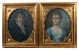 Maler des 19. Jh. Paar Biedermeier-Portrais: 1x "Bildnis einer jungen Frau" im blauem Kleid, ihr