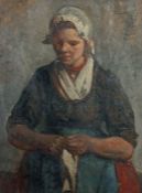 Portraitmaler des 19. Jh. "Dame beim Stricken", bekleidet mit flämischer Haube, rotem Rock und