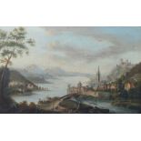 Maler des 18. Jh. "Flusslandschaft", Blick auf das Gewässer mit Bäumen und einem Dorf am Ufer,
