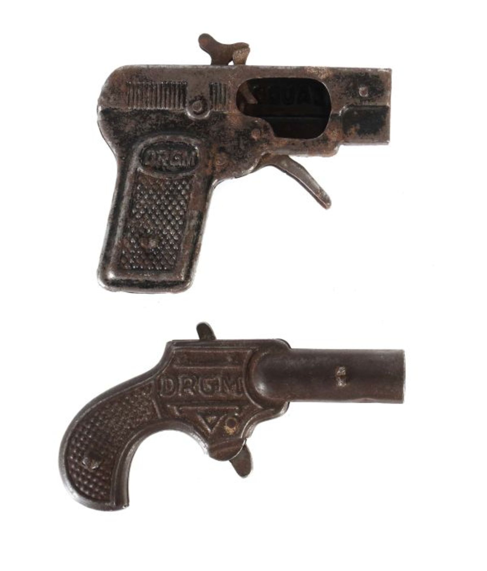 2 Pistolen Metall, DRGM, 1 x bez. "Tip, made in Germany", DRGM, L: 10 cm, 1 x bez. "Laudo,
