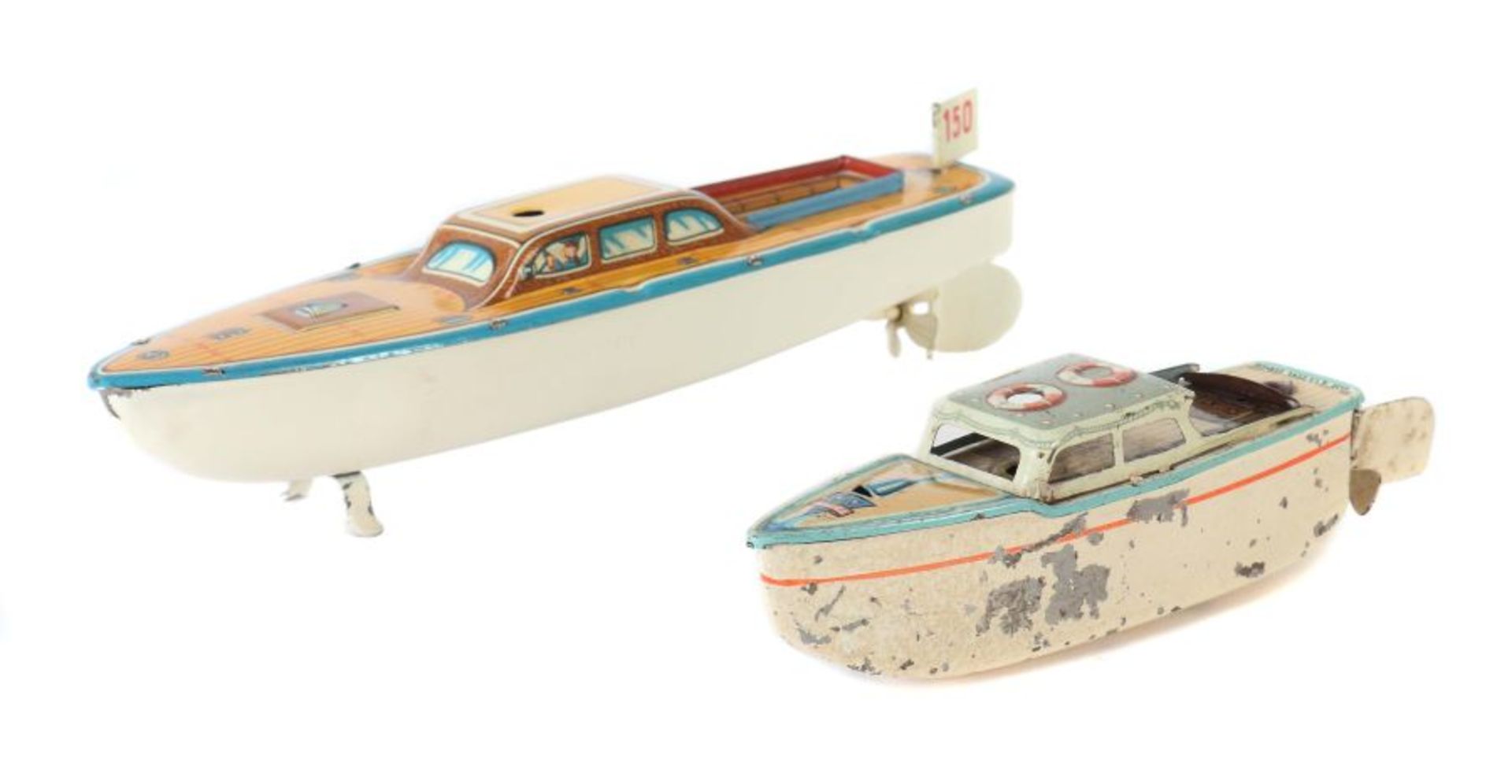 2 Weekender 1 x Arnold, Modell-Nr. 2035, ca. 1950er Jahre, Kabinenboot aus Blech, lithografiert,