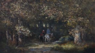 Maler des 19. Jh. "Reiter im Wald", Blick in das Waldinnere mit zwei Reisenden zu Pferd, unten