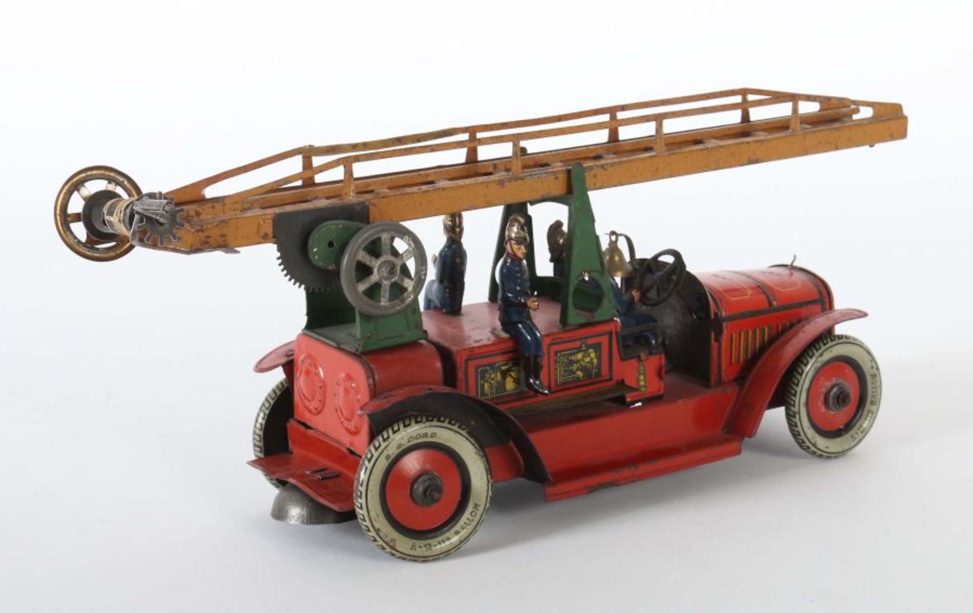 Feuerwehr Günthermann, ca. 1925-35, Leiterwagen, Federwerkantrieb m. integriertem Schlüssel, Blech, - Bild 2 aus 2