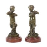 Bildhauer des 19./20. Jh. "Zwei Faune", Bronze, vollplastische Darstellung zweier musizierender