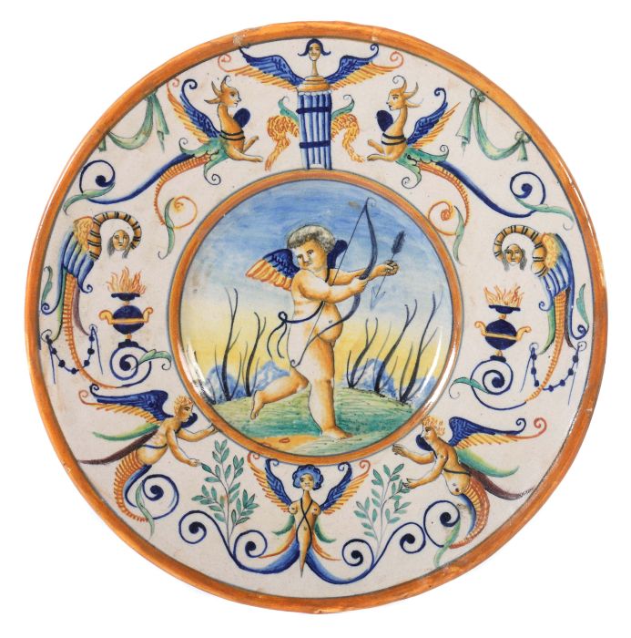 Kleiner Renaissance-Teller Italien, wohl Urbino 16./A. 17. Jh., Majolika mit Dekor in polychromer