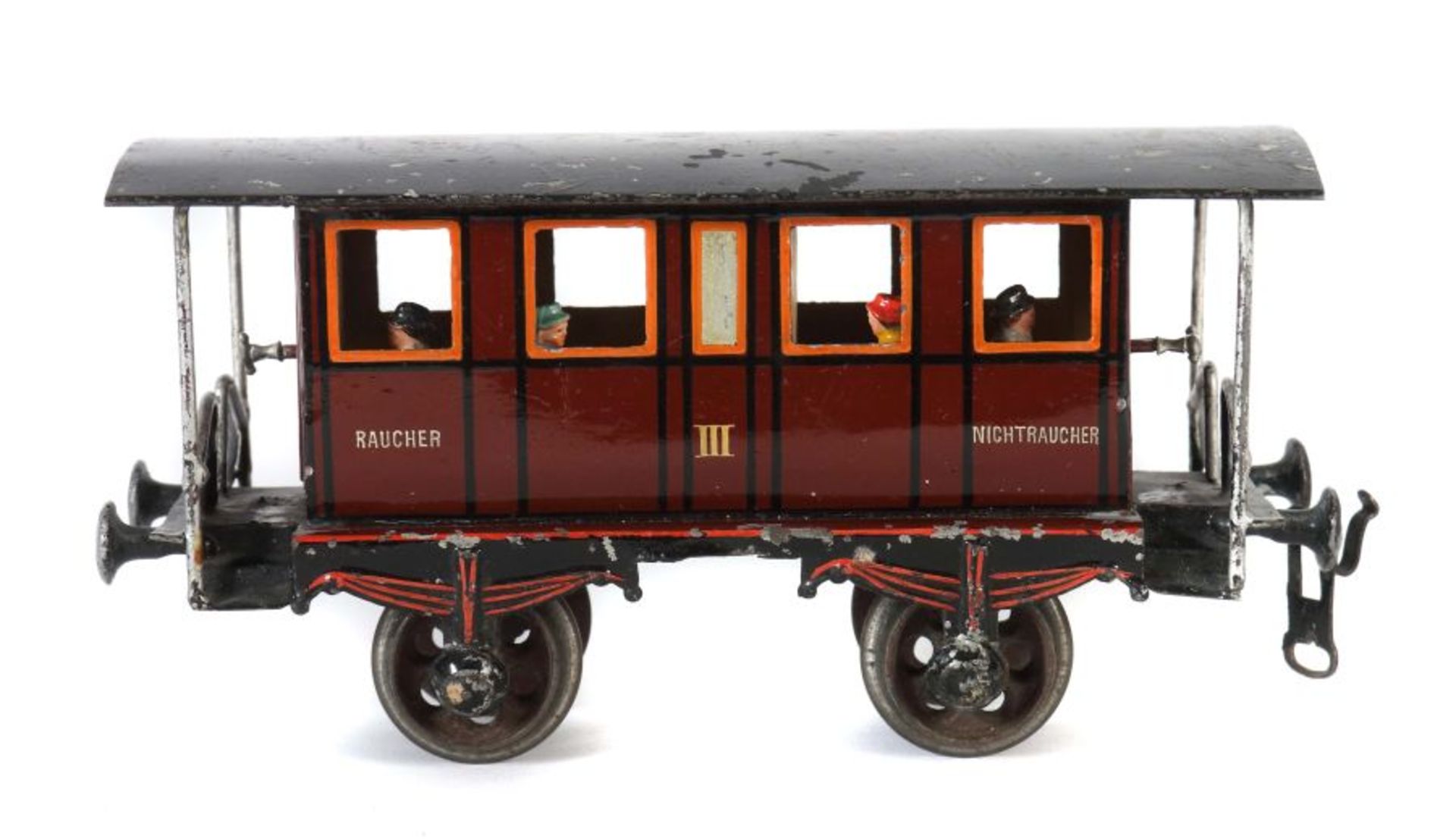 Personenwagen um ca. 1925, Blech, braun mit je 4 offenen Fenstern, orange gerahmt, 2 Perrone m. je