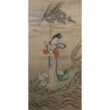 Fei Danxu China, 1801-1850, Malerei einer Palastdame mit Bambusstab am mit Pfingstrosen bewachsenem