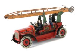 Feuerwehr Günthermann, ca. 1925-35, Leiterwagen, Federwerkantrieb m. integriertem Schlüssel, Blech,