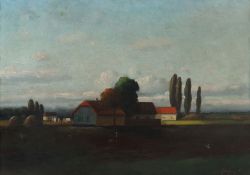 Maler des 19./20. Jh. "Landschaft mit Gehöft", stilisierte reduzierte Darstellung im Herbst, unten