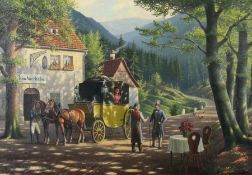 Haase, Curt deutscher Maler, tätig im 20. Jh.. "Ankunft der Gäste", Darstellung einer Kutsche mit