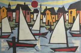 Maler/in des 20. Jh. "Yachthafen im Abendrot", Segelboote vor Häuserkulisse, unsign., Gouache und