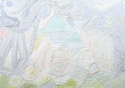 Maler des 20. Jh. "Frühlingslandschaft", stilisierte Darstellung in Gelb, Violett und Rosa, nicht