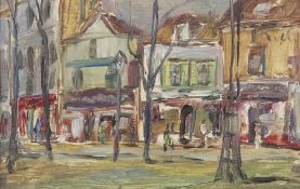 Maler des 20. Jh. "Einkaufsstraße", stilisierte Darstellung mit gereihten Kaufhäusern und zahlr.