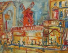 Maler des 20. Jh. "Moulin Rouge in Paris", stilisierte Darstellung des beleuchteten Varieté-