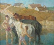 Udvary, Pal Budapest 1900 - 1987 ebenda, ungarischer Maler. "Pferdepflege", stilisierte Darstellung