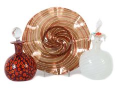 2 Flakons und eine Schale Murano, Mitte 20. Jh., farbloses Glas, z.T. mit Abriss, mit spiralförmig