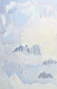 Maler des 20. Jh. "Gebirgslandschaft", stilisierte Darstellung in Blau und Weiß, nicht sign., Öl/