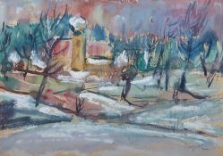 Trepl, Willi geb. 1928, Maler in Möhringen. "Winterlandschaft", Darstellung mit einem Teich, Bäumen
