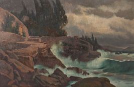 Maler/Kopist des 20. Jh. "Stürmische Küstenlandschaft", Felsenufer mit einer kleinen Villa,